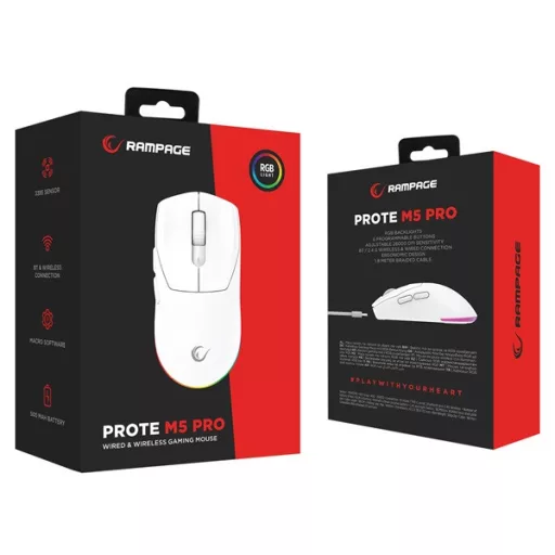 Rampage Vezeték Nélküli Egér - PROTE M5 PRO (Pixart PAW3395, Huano 80M, 26000 DPI, 500mAh, 6 gomb, RGB, Type-C, fehér)