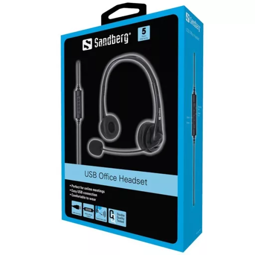 Sandberg Fejhallgató - USB Office Headset (USB; mikrofon; hangerő szabályzó; 2m kábel; fekete)