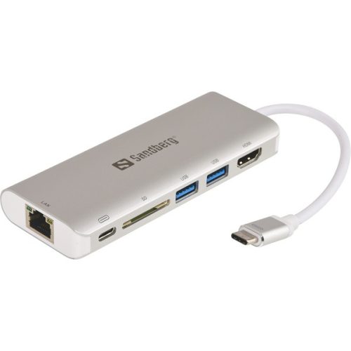 Sandberg Notebook Dokkoló - USB-C Dock HDMI+LAN+SD+USB,61W (USB-C bem. / HDMI+USB3.0+USB-C+RJ45+SD kim.)