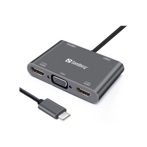 Sandberg Notebook Dokkoló - USB-C Dock (USB-C bemenet; 2xHDMI+USB-A3.0+1xVGA kimenet)