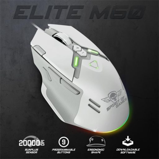 Spirit of Gamer Egér - ELITE-M60 White (Optikai, 20000 DPI, 1000Hz, 9 programozható gomb, RGB, vezetékes, fehér)
