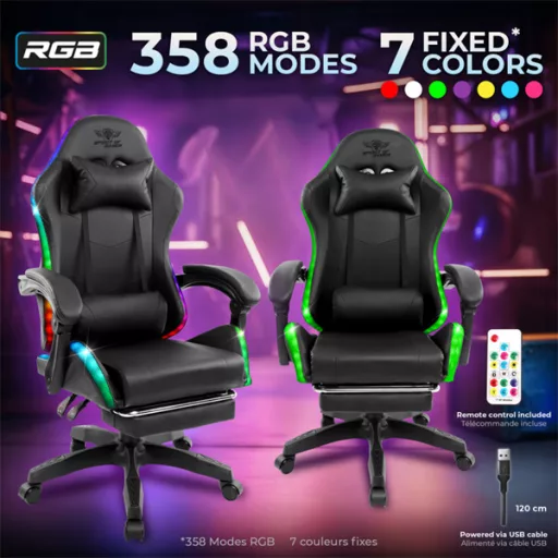 Spirit of Gamer szék - SIRIUS (RGB, állítható dőlés/magasság; kihajtható lábtartó; max.120kg-ig, fekete)