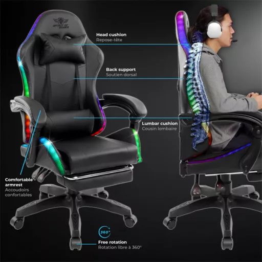 Spirit of Gamer szék - SIRIUS (RGB, állítható dőlés/magasság; kihajtható lábtartó; max.120kg-ig, fekete)