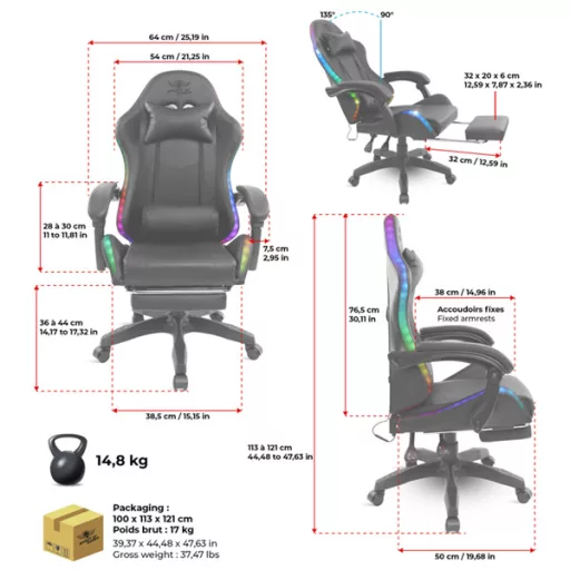 Spirit of Gamer szék - SIRIUS (RGB, állítható dőlés/magasság; kihajtható lábtartó; max.120kg-ig, fekete)