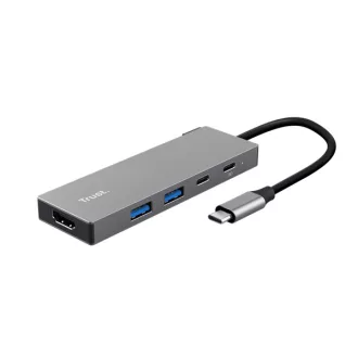   Trust Kábel Átalakító - Dalyx 5in1 Multiport USB-C (szürke, aluminium, USB-C apa / HDMI+Type-C+USB3.2 anya)