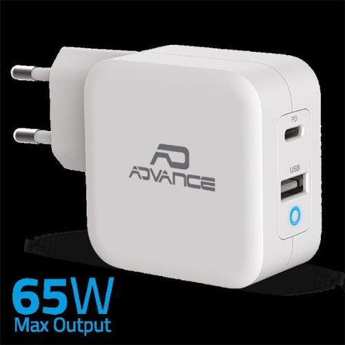 Advance telefon töltő adapter - POWERFLEX TURBO 65W (USB-C+USB-A, 65W, fehér)