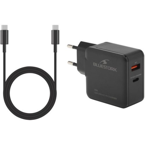 Bluestork Hálózati töltő - PW-BS-65-GAN-C-A (USB-C, USB-A, 65W, 1,8m kábel, gyorstöltés, fekete)