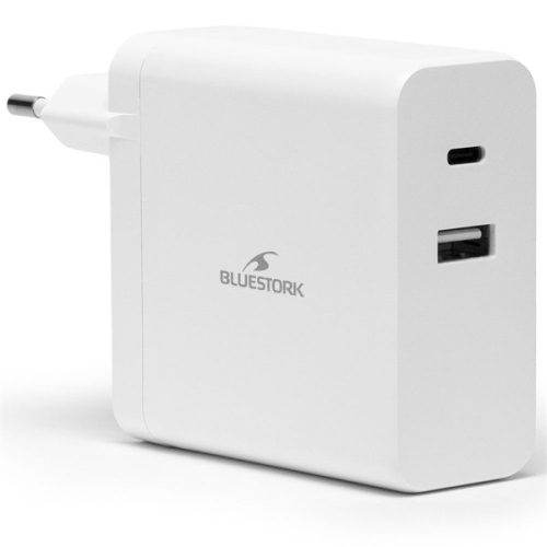 Bluestork Hálózati töltő - PW-NB-65-C-W (USB-C, USB-A, 65W, 1.8m kábel, Fehér)