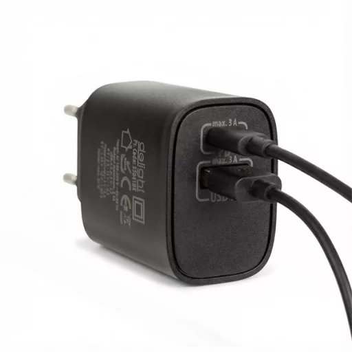 Delight Telefon töltő  - 1db Type-C + 1db USB PD20W gyorstöltéssel, Fekete