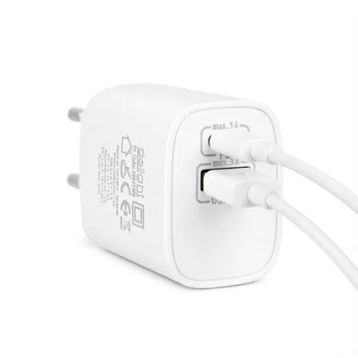 Delight Telefon töltő  - 1db Type-C + 1db USB PD20W gyorstöltéssel, Fehér