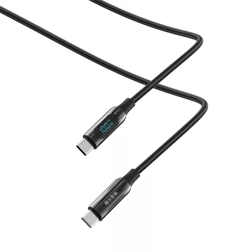 S-Link kábel - LCC-0100 (LED kijelző, 100W, Gyorstöltés, Type-C to Type-C 100cm adat+töltőkábel, fekete, fonott)