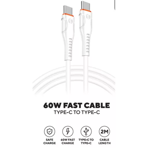S-Link kábel - SW-C135 (3A, 60W, Gyorstöltés, Type-C to Type-C, adat+töltőkábel, 2m, fehér)