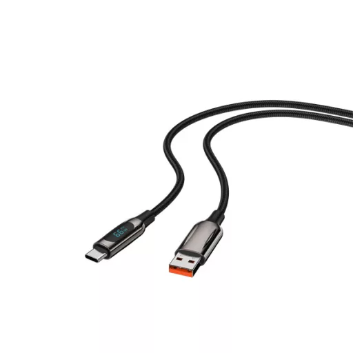 S-Link kábel - UC-066 (LED kijelző, 66W, Gyorstöltés, Type-C, 100cm adat+töltőkábel, fekete, fonott)