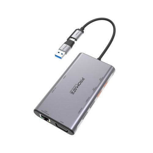 Promate USB Hub - PRIMEHUB MST (USB-C 9in1 HUB, 2x4K HDMI, VGA, 2xUSB 3.0, 1xUSB 2.0, 2xUSB-C, RJ45, adapter, szürke)