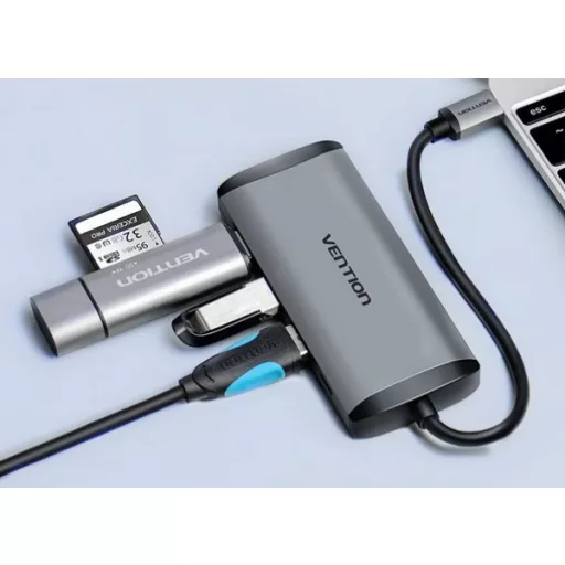Vention USB-C -> HDMI/3*USB3.0/RJ45/PD, ( 6-1,szürke), 0,15m, konverter