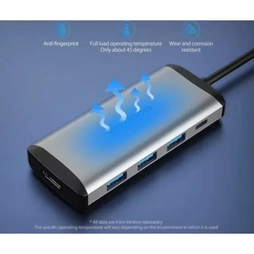 Vention USB-C -> HDMI/3*USB3.0/RJ45/PD, ( 6-1,szürke), 0,15m, konverter