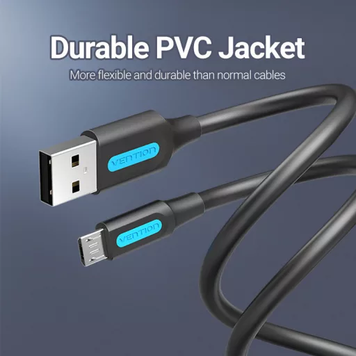 Vention USB-A 2.0/M ->  Micro B/M, 0,25m, (3A, fekete), kábel