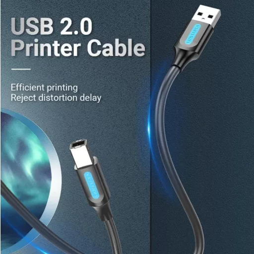 Vention USB-A 2.0/M -> USB-B/M, (PVC, fekete, nyomtatókábel, printerkábel), 2m, kábel