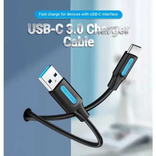 Vention USB-A 3.0/M -> USB-C/M kábel, (PVC,fekete), 1m,  kábel