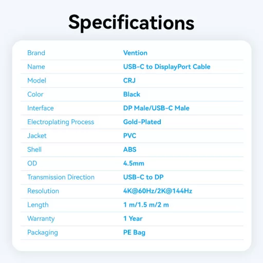 Vention USB-C -> DisplayPort, (4K,fekete),2m, kábel