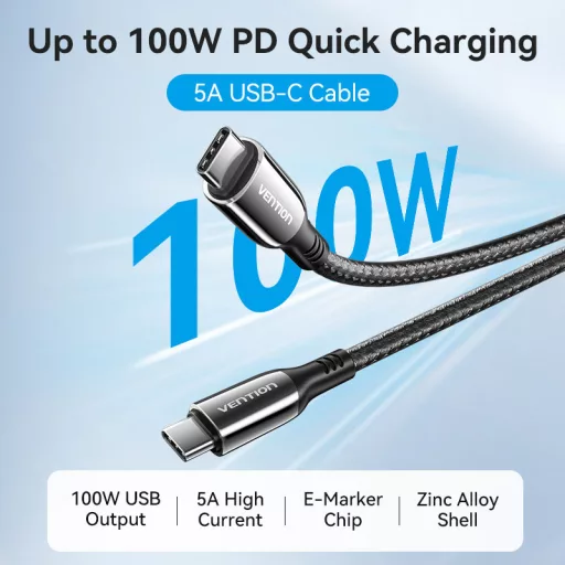 Vention USB-C/M -> USB-C/M, 2m, (5A,fekete), kábel