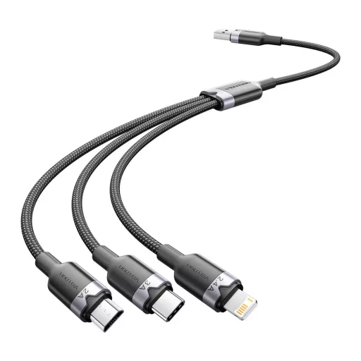 Vention USB-A 2.0/M -> USB-C/Lightning/Micro USB-B, 1,5m,(fekete,3A,3in1), kábel