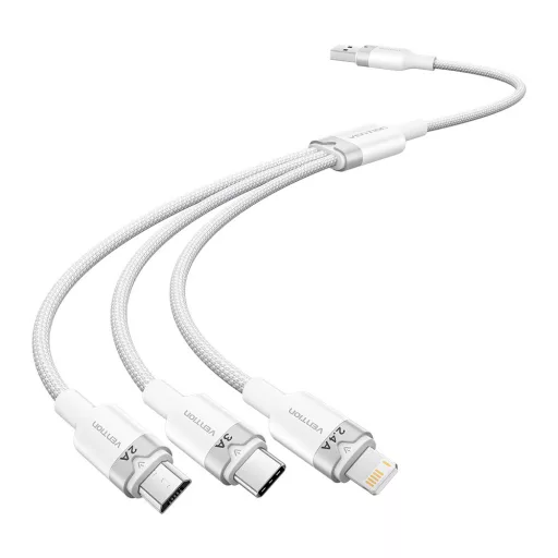 Vention USB-A 2.0/M -> USB-C/Lightning/Micro USB-B, 1,5m,(fehér,3A,3in1), kábel