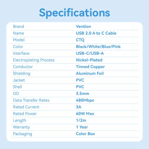 Vention USB-A 2.0/M -> USB-C/M, 2m,(fehér), kábel