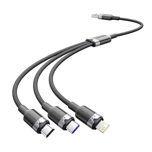 Vention USB-A 2.0/M -> USB-C/Lightning/Micro USB-B, 1,5m,(fekete,6A,3in1), kábel