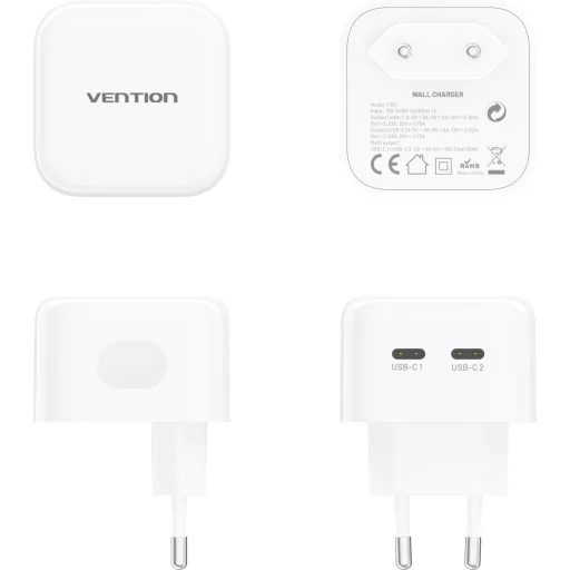 Vention USB-C+C (2port,35W/35W,fehér), töltő
