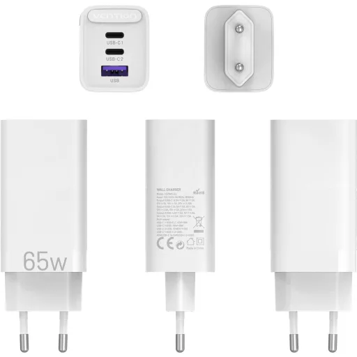 Vention USB-C+C+A (65W/30W/30W,  3-portos, fehér), töltő
