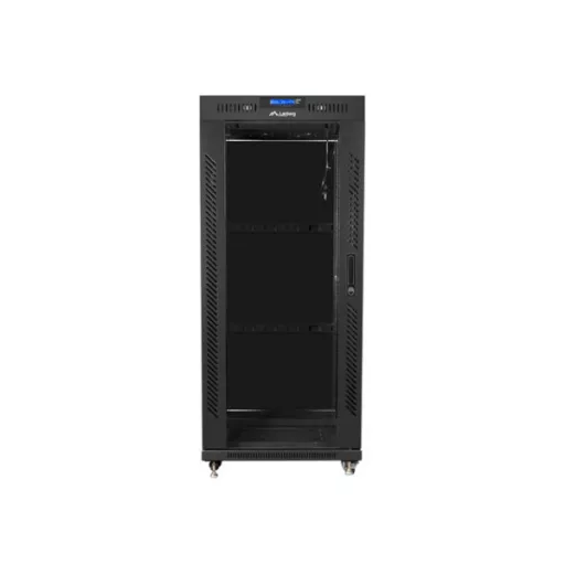 Lanberg FF01-6627-12BL 19 27U SZÉL:600mm MÉLY:600mm MAG:1431mm lapraszerelt LCD üvegajtós fekete álló rack szekrény