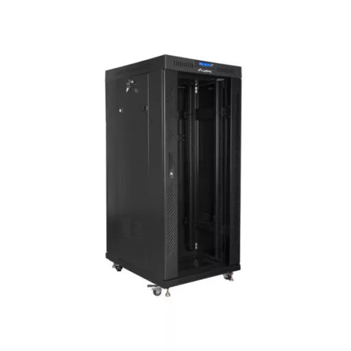 Lanberg FF01-6827-12BL 19 27U SZÉL:600mm MÉLY:800mm MAG:1431mm lapraszerelt LCD üvegajtós fekete álló rack szekrény