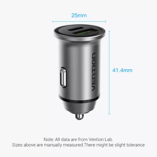 Vention USB-A+C (2port,18/20W, szürke, szivargyújtós), töltő
