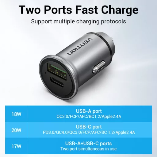 Vention USB-A+C (2port,18/20W, szürke, szivargyújtós), töltő