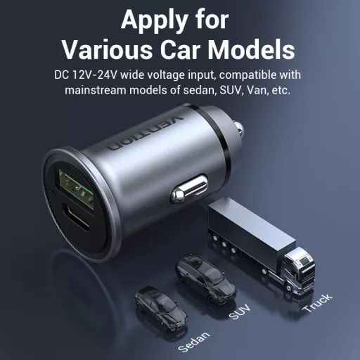 Vention USB-A+C (2port,18/20W, szürke, szivargyújtós), töltő