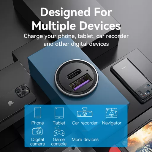 Vention USB-A+C (2port,30W, szürke, szivargyújtós), töltő