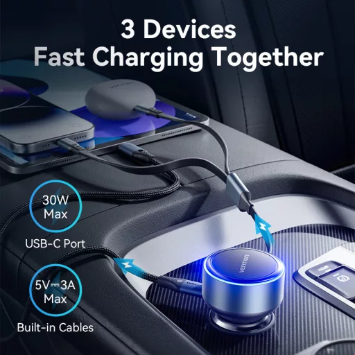 Vention USB-C*2+Lightning (3port,30W, szivargyújtós), töltő