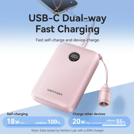 Vention FKAP0-C 10000mah, (rózsaszín,22,5W), powerbank