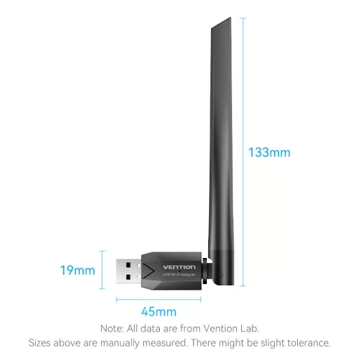 Vention AC650 USB Wifi adapter Dual Band + Antenna (fekete), adapter