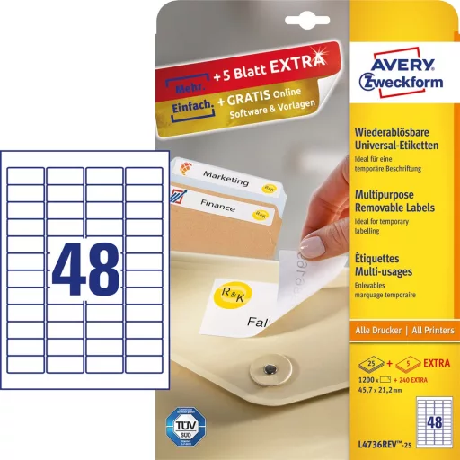 Etikett címke, 45,7 x21,2mm, univerzális visszaszedhető, 48 címke/ív, 25 ív/doboz, Avery fehér – Tonerklinika Debrecen