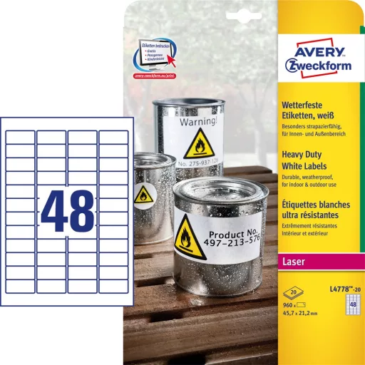 Etikett címke, 45,7 x21,2mm, időjárásálló poliészter, 48 címke/ív, 20 ív/doboz, Avery fehér – Tonerklinika Debrecen