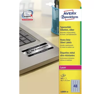 Etikett címke, 45,7 x21,2mm, ipari poliészter, 48 címke/ív, 20 ív/doboz, Avery ezüst – Tonerklinika Debrecen