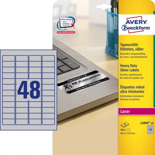 Etikett címke, 45,7 x21,2mm, ipari poliészter, 48 címke/ív, 20 ív/doboz, Avery ezüst – Tonerklinika Debrecen