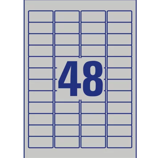 Etikett címke, 45,7 x21,2mm, ipari poliészter, 48 címke/ív, 20 ív/doboz, Avery ezüst – Tonerklinika Debrecen