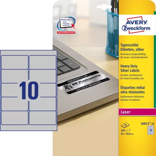 Etikett címke, 96x50,8mm, 20lap 10 címke/lap ipari ezüst poliészter Avery – Tonerklinika Debrecen