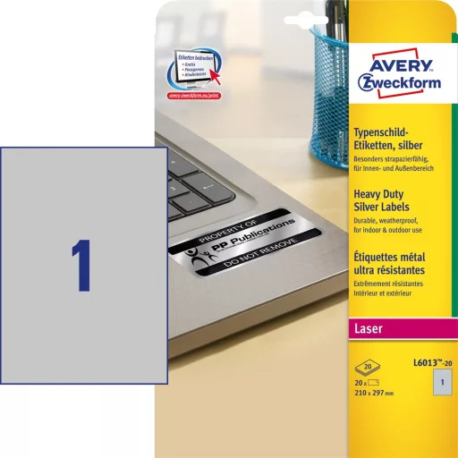 Etikett címke, 210 x297mm, ipari poliészter, 1 címke/ív, 20 ív/doboz, Avery ezüst – Tonerklinika Debrecen