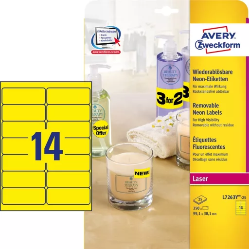 Etikett címke, 99,1 x38,1mm, visszaszedhető, neon 14 címke/ív, 25 ív/doboz, Avery sárga – Tonerklinika Debrecen