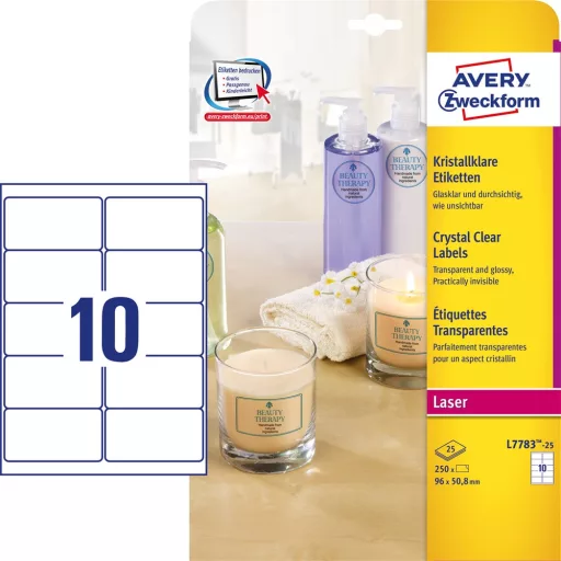 Etikett címke, 96 x50,8mm,víztiszta, 10 címke/ív, 25 ív/doboz, Avery átlátszó – Tonerklinika Debrecen