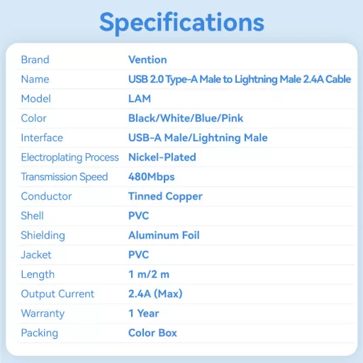 Vention USB-A 2.0 -> Lightning, (2,4A, fehér) 1m, Vention